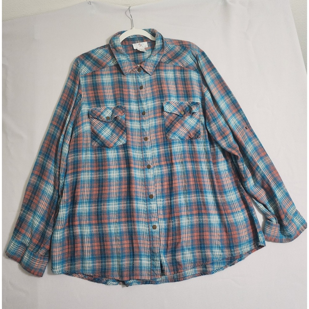 Oso Casuals Womens 1X Plaid Metallic ButtonDown Shirt Blue Orange RollTab Sleeve